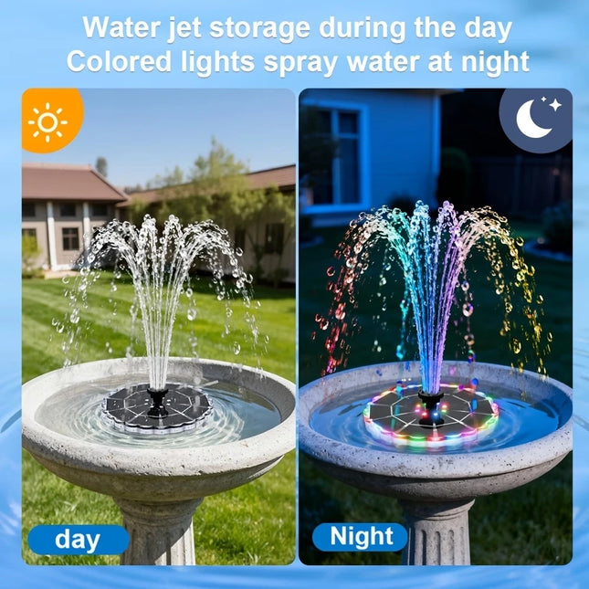 Solar Garden Fountain with LED Lights — 1800mAh Battery, 8 Nozzles, 8 RGB LEDs