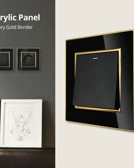 Luxurious Black Acrylic Switch Panel with Gold Accents & Universal Sockets - 220V, Multi-Gang, Modern Design - Illuminated Control Panel with USB Charging Feature