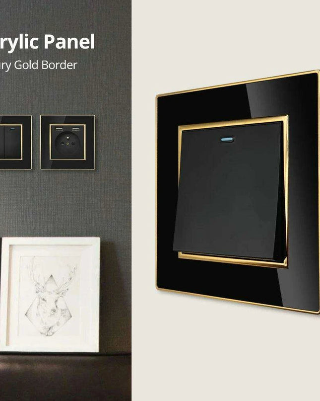 Luxurious Black Acrylic Switch Panel with Gold Accents & Universal Sockets - 220V, Multi-Gang, Modern Design - Illuminated Control Panel with USB Charging Feature