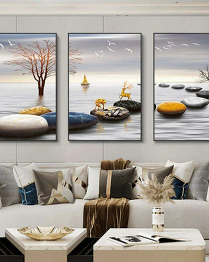 Nordic Elegance: Golden Deer Abstract Landscape 3-Piece Canvas Art Set with Customizable Borders for Luxury Home Decor