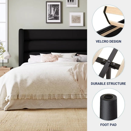Queen Upholstered Platform Bed Frame with Wingback Headboard, No Box Spring Needed, Under Bed Storage, Easy Assembly, Black queen-upholstered-platform-bed-frame-with-wingback-headboard-no-box-spring-needed-under-bed-storage-easy-assembly-black