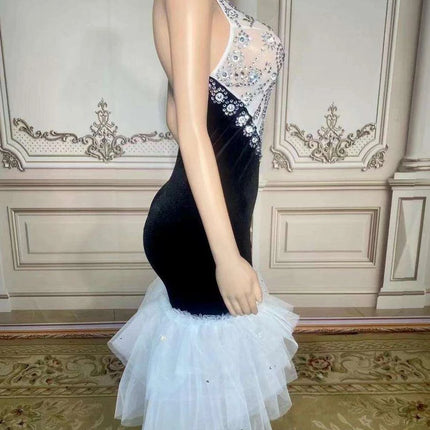 Elegant Black Velour Backless Halter Dress with Sparkling Crystal Details