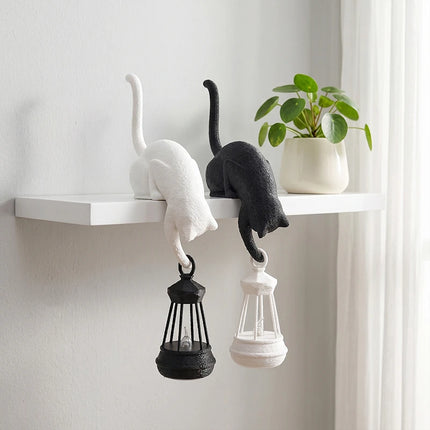 Cat Shelf Hook with Lantern Figurine | Night Light & Desk Ornament