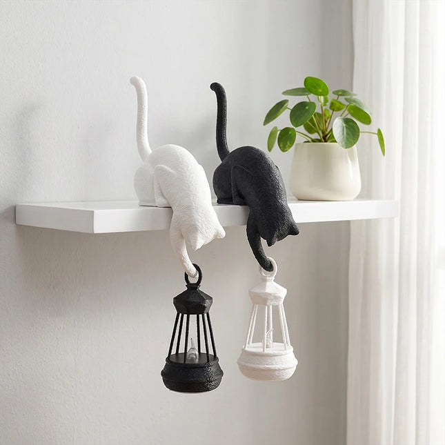 Cat Shelf Hook with Lantern Figurine | Night Light & Desk Ornament