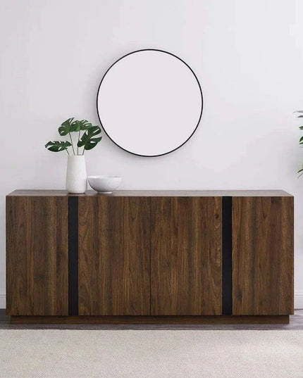 Sleek Contemporary Dark Walnut 4-Door Cutlery Storage Cabinet with Adjustable Shelves - Modern Design, 15.75" Deep x 70" Wide x 31" High, Free Shipping Included