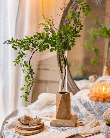 Nordic Chic Glass Test Tube Vase Collection with Wooden Stand - Stylish Hydroponic Plant Display