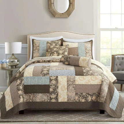 Reversible Floral and Plaid Quilt Set for California King - 100% Cotton Bedspread with Pillow Covers, Easy Care