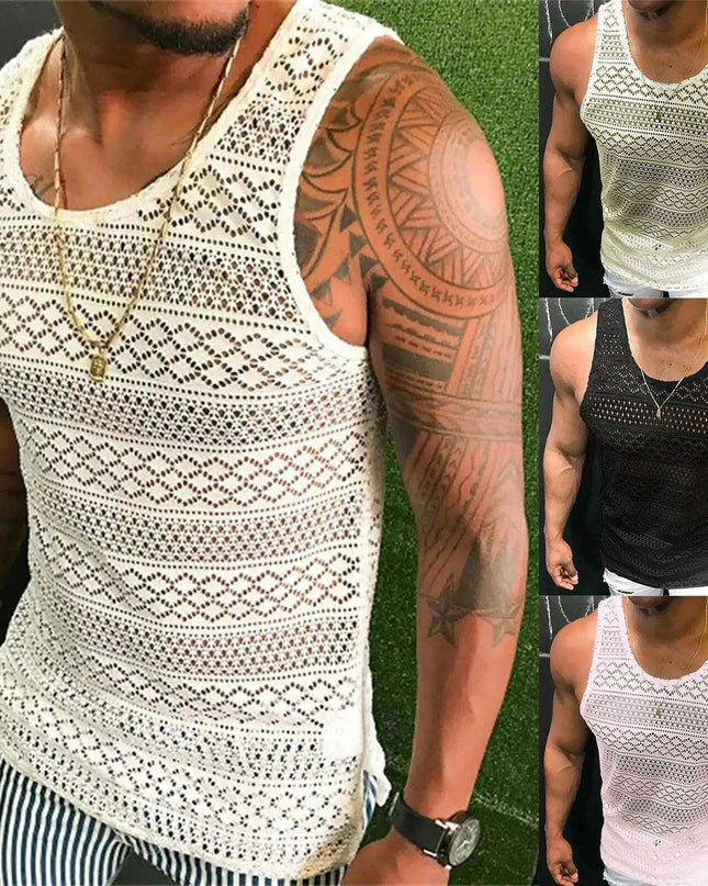 Men's Summer Mesh Tank Top - Breathable Sleeveless Fitness Vest with See-Through Design
