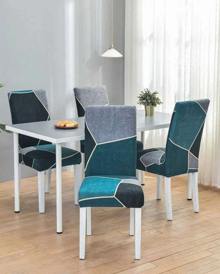 Elegant Geometric Blue-Grey Stretch Chair Covers for Stylish Dining Experiences