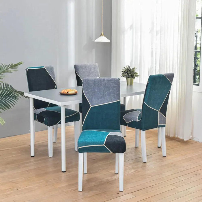 Elegant Geometric Blue-Grey Stretch Chair Covers for Stylish Dining Experiences