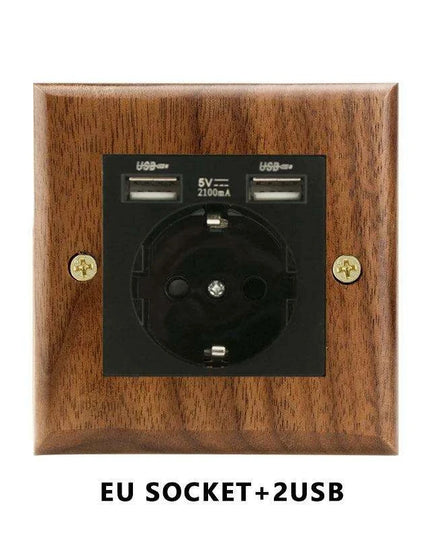 Sleek Black Walnut Electrical Panel with USB Ports, Adjustable LED Ambiance, and Contemporary Toggle Features