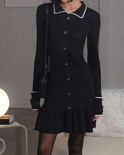 Autumn Elegance: Women's Long Sleeve Knit Dress with Lapel and Ruffled Hem by Mozision