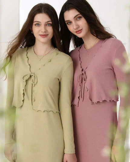 Elegant Ruffle Maxi Dress & Lettuce Edge Cardigan Set for Women