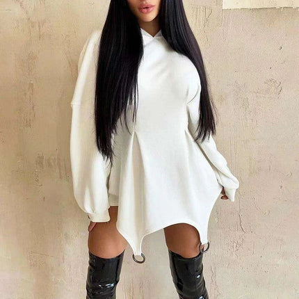 Stylish White Hooded Bodycon Mini Dress with Trendy Waist Tie for Spring