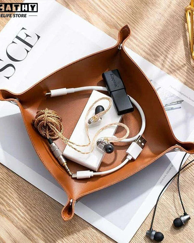 Chic Faux Leather Folding Valet Tray - Elegant Organizer for Home and Office