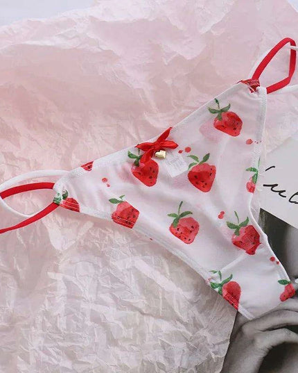 Charming Women's Sheer T-Back Thongs with Playful Strawberry and Cherry Print - Low-Waisted Seamless Sexy Underwear