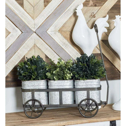 Charming 29" Rustic Wagon Planter with Galvanized Iron Pots
