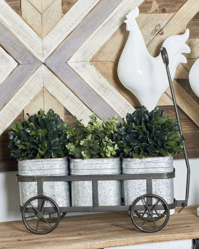 Charming 29" Rustic Wagon Planter with Galvanized Iron Pots