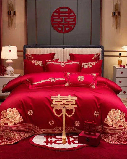 Luxury Red Chinese Wedding Duvet Cover Set with Elegant Golden Floral Embroidery and Premium Pillowcases