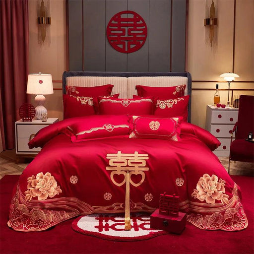 Luxury Red Chinese Wedding Duvet Cover Set with Elegant Golden Floral Embroidery and Premium Pillowcases