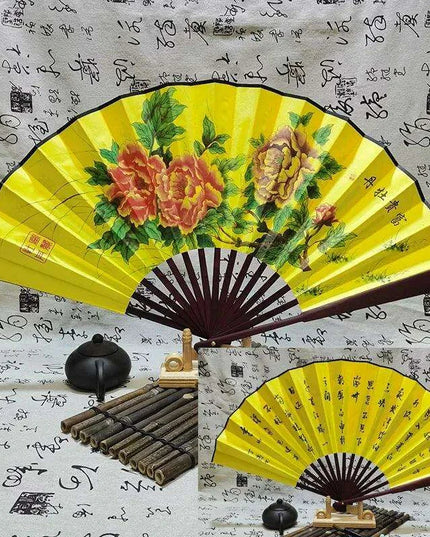 Vintage Silk Folding Fan with Bamboo Handle - Stunning Handheld Accessory for Celebrations and Home Sophistication