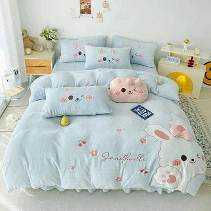 Charming Pink Bunny Applique Fleece Bedding Set - Duvet Cover, Fitted Sheet, Bed Skirt & Pillowcases