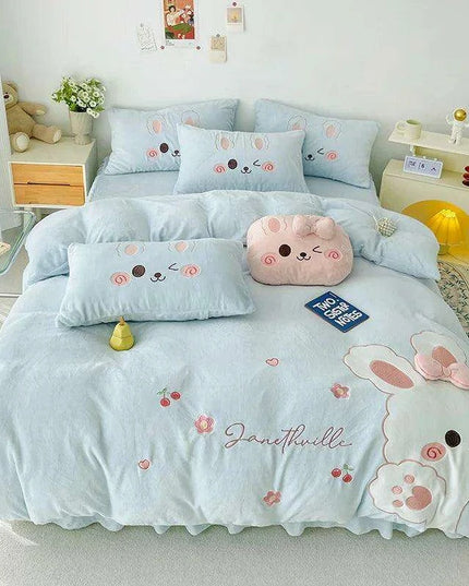 Charming Pink Bunny Applique Fleece Bedding Set - Duvet Cover, Fitted Sheet, Bed Skirt & Pillowcases