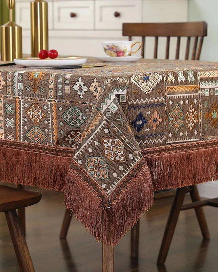 Bohemian Chic Embroidered Table Cover with Trendy Tassels