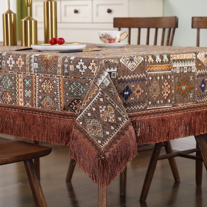 Elegant Boho Dining Tablecloth with Intricate Embroidery and Stylish Tassel Detail