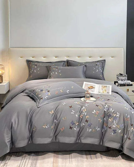Exquisite 100% Egyptian Cotton Butterfly Embroidered Luxury Bedding Set with Duvet Cover, Sheets, and Pillowcases