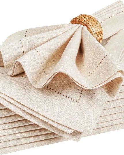 Set of 6 Luxurious Hemstitched Linen Napkins with Nature-Inspired Motifs - Flax Fabric for Elegant Dining