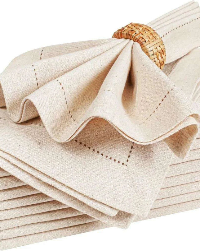 Set of 6 Luxurious Hemstitched Linen Napkins with Nature-Inspired Motifs - Flax Fabric for Elegant Dining