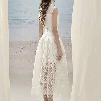 Sleeveless Blazer with Lace Long Skirt and Elegant Hollow Out Details