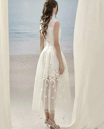 Sleeveless Blazer with Lace Long Skirt and Elegant Hollow Out Details