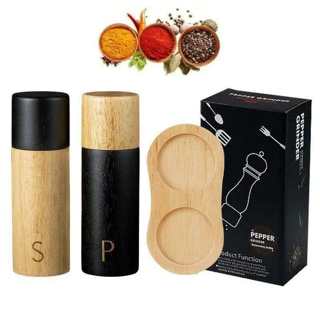 Elegant 7-Inch Salt and Pepper Mill Set with Chic Wooden Holder for Gourmet Dining