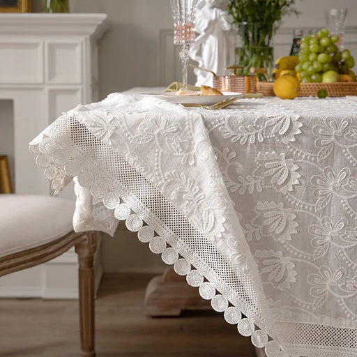 American Charm White Lace Tablecloth with Elegant Floral Embroidery