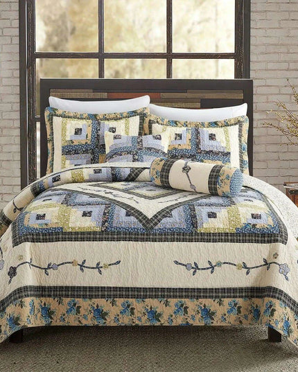 Reversible Floral and Plaid Quilt Set for California King - 100% Cotton Bedspread with Pillow Covers, Easy Care