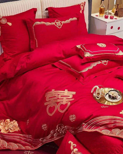 Luxury Red Chinese Wedding Duvet Cover Set with Elegant Golden Floral Embroidery and Premium Pillowcases
