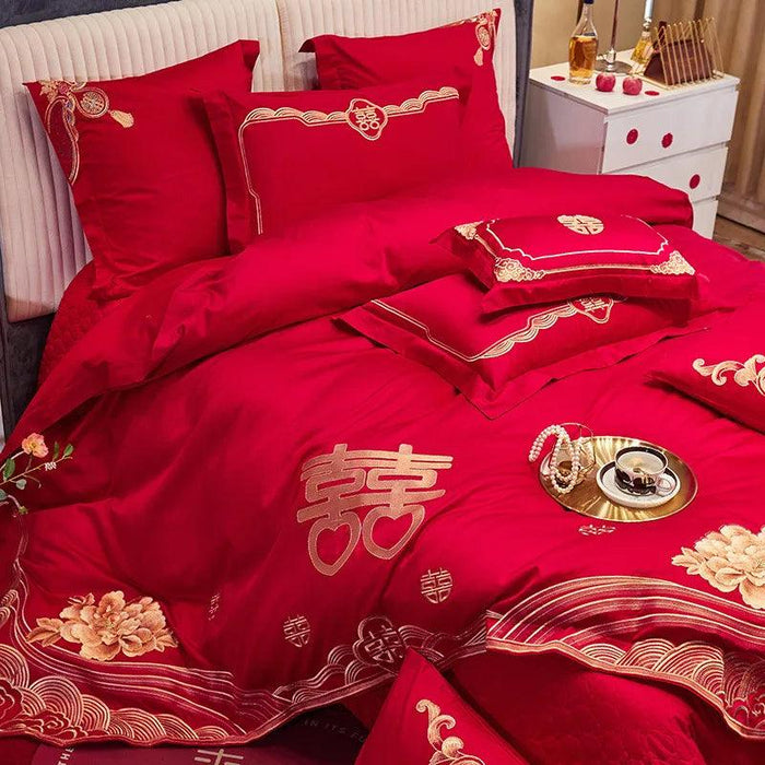 Luxury Red Chinese Wedding Duvet Cover Set with Elegant Golden Floral Embroidery and Premium Pillowcases