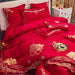 Luxury Red Chinese Wedding Duvet Cover Set with Elegant Golden Floral Embroidery and Premium Pillowcases