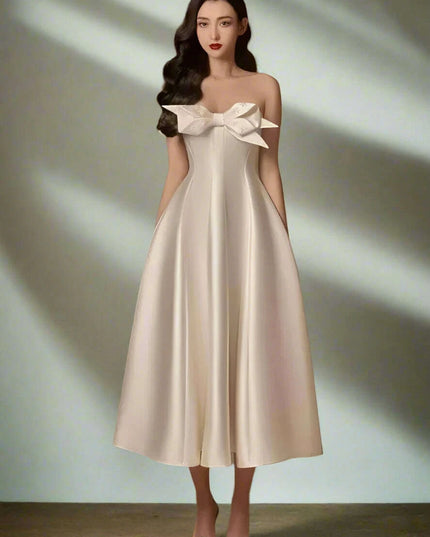 Bowknot A-Line Evening Dress with Slash Neck and Sleeveless Design for Women