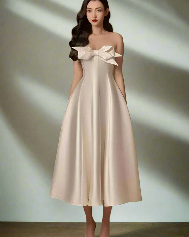 Bowknot A-Line Evening Dress with Slash Neck and Sleeveless Design for Women