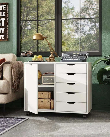 Mobile 5-Drawer Multifunctional Wooden Vanity with Mirror and Ample Workspace