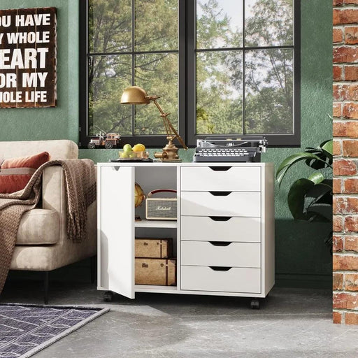 Mobile 5-Drawer Multifunctional Wooden Vanity with Mirror and Ample Workspace