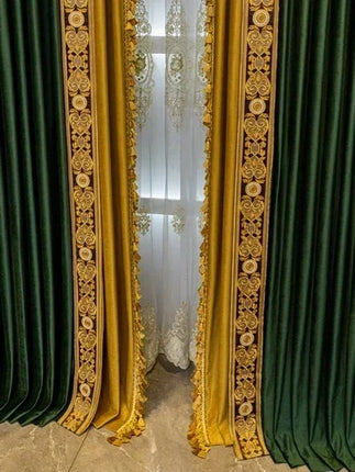 Dark Green Velvet Blackout Curtains with Embroidery — European Lace, Custom Width