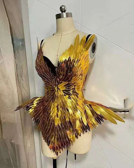 Radiant Gold Leaf Patent Leather Dance Bodysuit Set for Nightlife Glamour