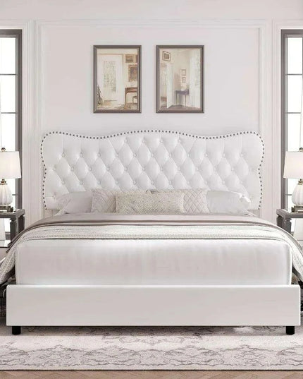 Beige Linen Storage Bed Frame with Padded Headboard & Wooden Slats
