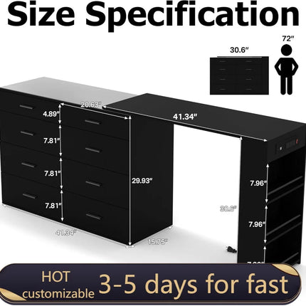 Black LED Vanity Desk with Power Outlets, 8 Drawers & 3 Shelves, Extendable Modern Dressing Table black-led-vanity-desk-with-power-outlets-8-drawers-3-shelves-extendable-modern-dressing-table