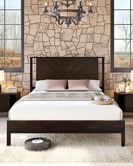 Rustic Golden Brown Acacia Wood Queen Bed Frame with Herringbone Headboard