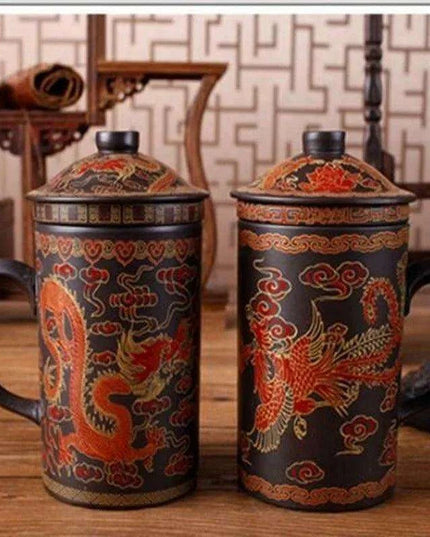 Handcrafted Dragon Design Purple Clay Tea Mug Set with Infuser and Lid